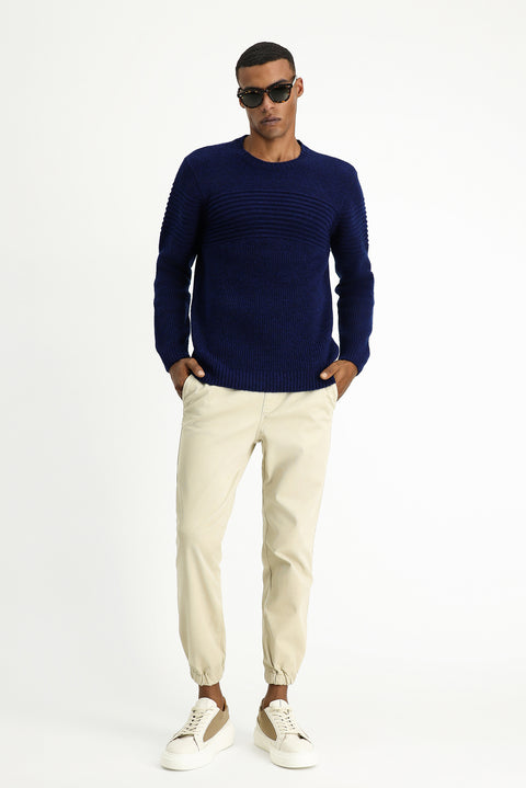 Açık Lacivert Bisiklet Yaka Regular Fit Çizgili Triko Kazak