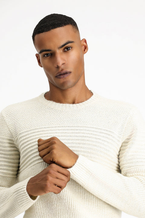 Açık Bej Bisiklet Yaka Regular Fit Çizgili Triko Kazak