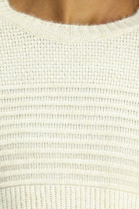 Açık Bej Bisiklet Yaka Regular Fit Çizgili Triko Kazak