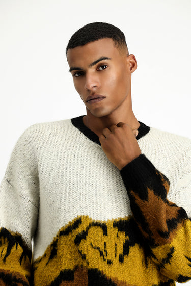 Hardal Bisiklet Yaka Oversize Desenli Triko Kazak