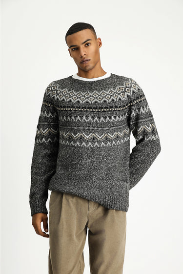  Orta Gri Melanj Bisiklet Yaka Regular Fit Desenli Pamuklu Triko Kazak