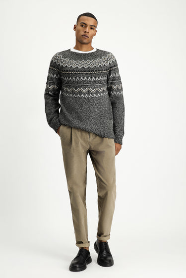  Orta Gri Melanj Bisiklet Yaka Regular Fit Desenli Pamuklu Triko Kazak