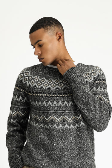  Orta Gri Melanj Bisiklet Yaka Regular Fit Desenli Pamuklu Triko Kazak