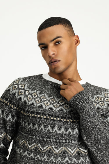 Orta Gri Melanj Bisiklet Yaka Regular Fit Desenli Pamuklu Triko Kazak