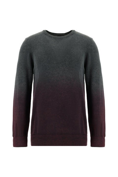 Dark Red Crew Neck Regular Fit Patterned Cotton Knit Sweater