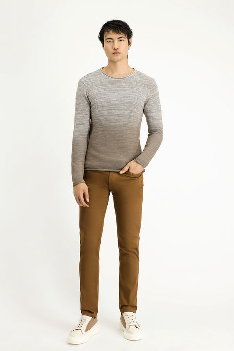 Açık Bej Bisiklet Yaka Slim Fit Dar Kesim Desenli Pamuklu Triko Kazak