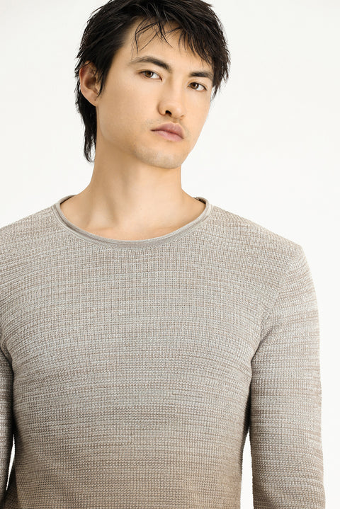 Açık Bej Bisiklet Yaka Slim Fit Dar Kesim Desenli Pamuklu Triko Kazak