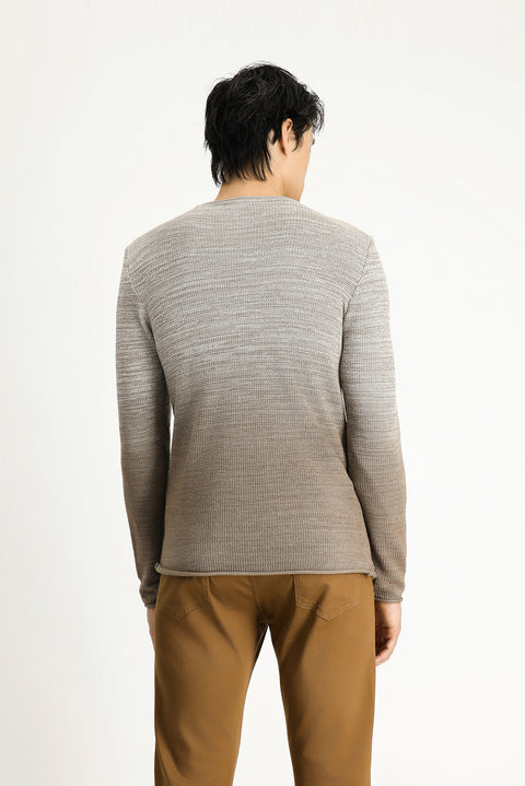 Açık Bej Bisiklet Yaka Slim Fit Dar Kesim Desenli Pamuklu Triko Kazak