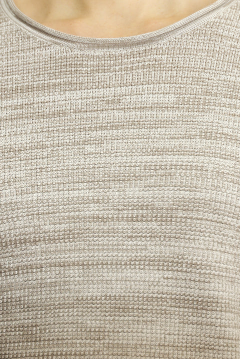 Açık Bej Bisiklet Yaka Slim Fit Dar Kesim Desenli Pamuklu Triko Kazak