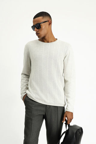  Açık Gri Bisiklet Yaka Slim Fit Dar Kesim Desenli Pamuklu Triko Kazak