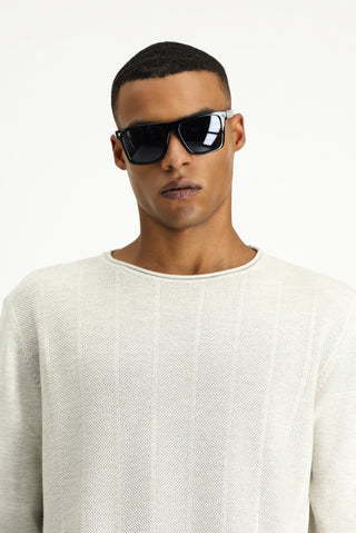  Açık Gri Bisiklet Yaka Slim Fit Dar Kesim Desenli Pamuklu Triko Kazak