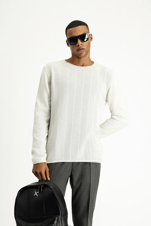 Açık Gri Bisiklet Yaka Slim Fit Dar Kesim Desenli Pamuklu Triko Kazak