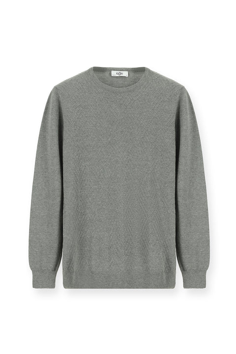 Orta Gri Melanj Bisiklet Yaka Slim Fit Desenli Pamuklu Triko Kazak