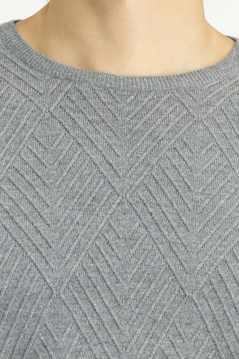 Orta Gri Melanj Bisiklet Yaka Slim Fit Desenli Pamuklu Triko Kazak