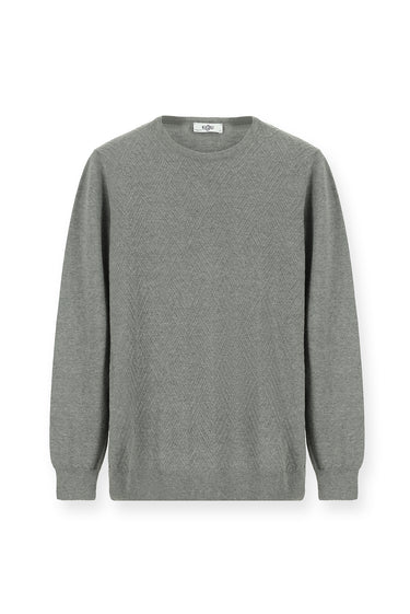 Orta Gri Melanj Bisiklet Yaka Slim Fit Dar Kesim Desenli Pamuklu Triko Kazak