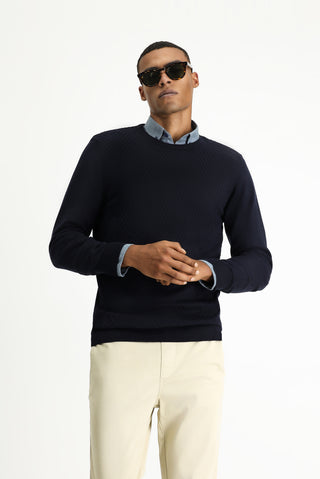  Koyu Lacivert Bisiklet Yaka Slim Fit Dar Kesim Desenli Pamuklu Triko Kazak