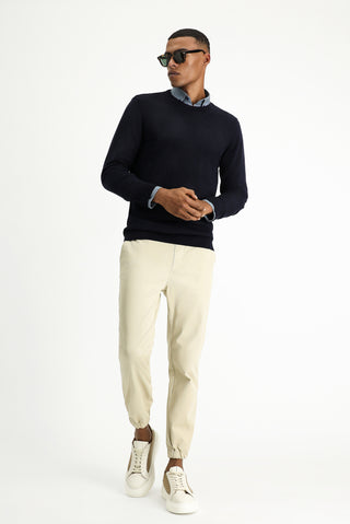  Koyu Lacivert Bisiklet Yaka Slim Fit Dar Kesim Desenli Pamuklu Triko Kazak