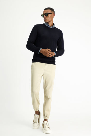 Koyu Lacivert Bisiklet Yaka Slim Fit Dar Kesim Desenli Pamuklu Triko Kazak