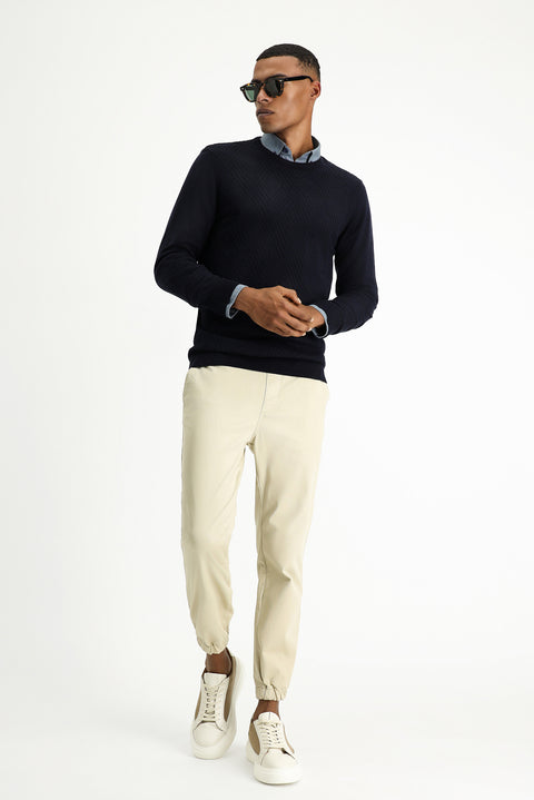 Koyu Lacivert Bisiklet Yaka Slim Fit Desenli Pamuklu Triko Kazak