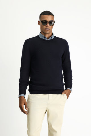  Koyu Lacivert Bisiklet Yaka Slim Fit Dar Kesim Desenli Pamuklu Triko Kazak