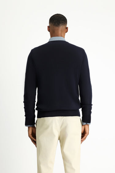 Koyu Lacivert Bisiklet Yaka Slim Fit Dar Kesim Desenli Pamuklu Triko Kazak