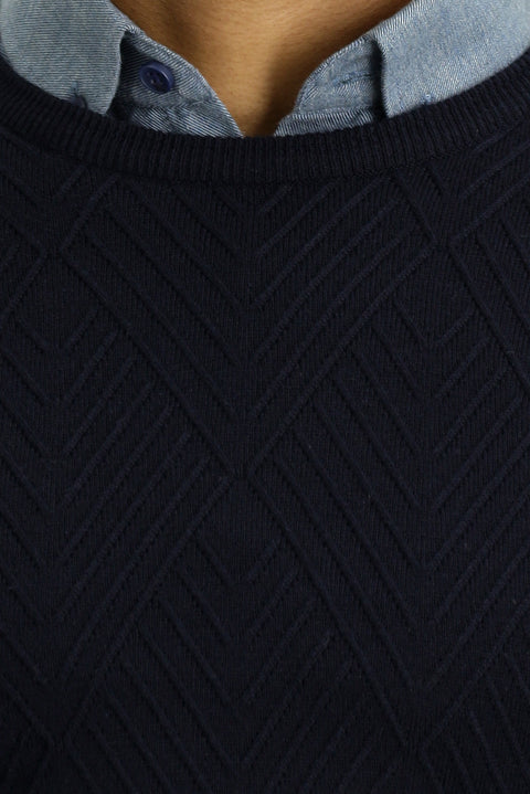 Koyu Lacivert Bisiklet Yaka Slim Fit Desenli Pamuklu Triko Kazak