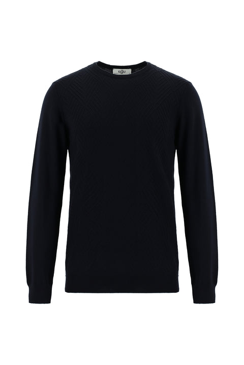 Koyu Lacivert Bisiklet Yaka Slim Fit Desenli Pamuklu Triko Kazak