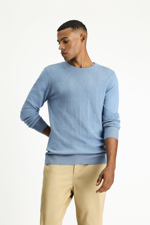 Havacı Mavi Bisiklet Yaka Slim Fit Desenli Pamuklu Triko Kazak