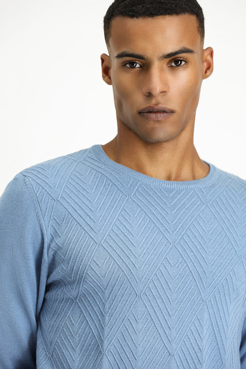 Havacı Mavi Bisiklet Yaka Slim Fit Desenli Pamuklu Triko Kazak