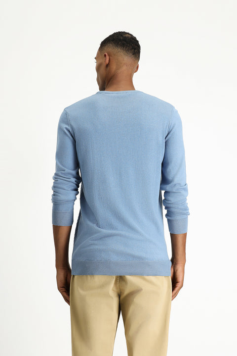 Havacı Mavi Bisiklet Yaka Slim Fit Desenli Pamuklu Triko Kazak