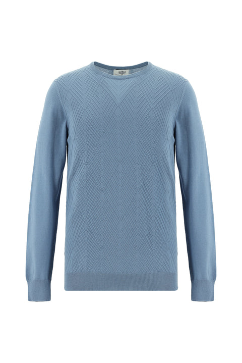 Havacı Mavi Bisiklet Yaka Slim Fit Desenli Pamuklu Triko Kazak