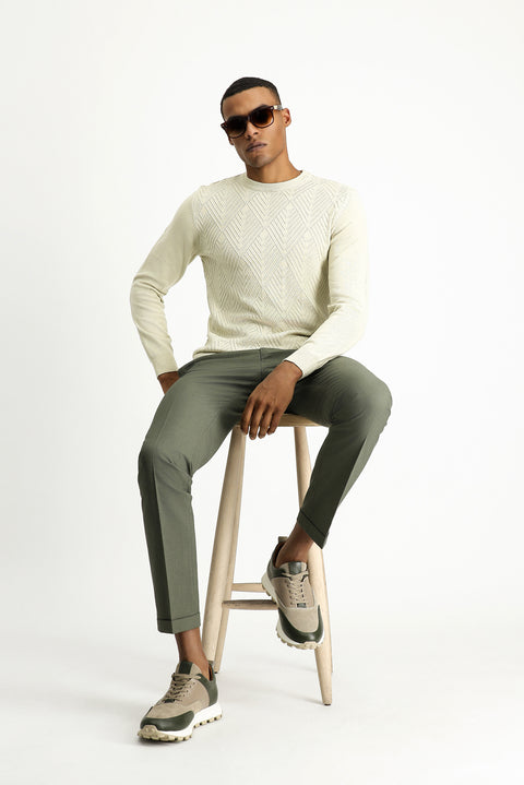 Açık Bej Bisiklet Yaka Slim Fit Desenli Pamuklu Triko Kazak