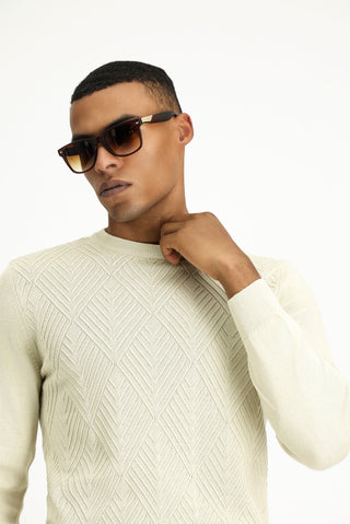  Açık Bej Bisiklet Yaka Slim Fit Dar Kesim Desenli Pamuklu Triko Kazak