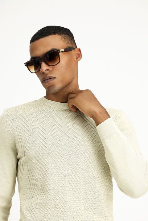 Açık Bej Bisiklet Yaka Slim Fit Desenli Pamuklu Triko Kazak