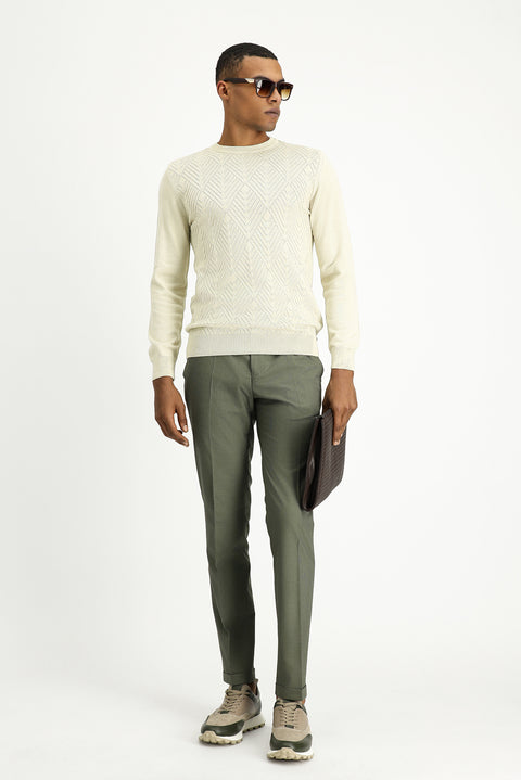 Açık Bej Bisiklet Yaka Slim Fit Desenli Pamuklu Triko Kazak