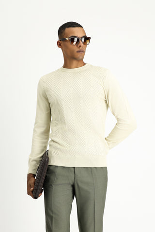  Açık Bej Bisiklet Yaka Slim Fit Dar Kesim Desenli Pamuklu Triko Kazak