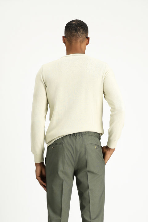 Açık Bej Bisiklet Yaka Slim Fit Desenli Pamuklu Triko Kazak