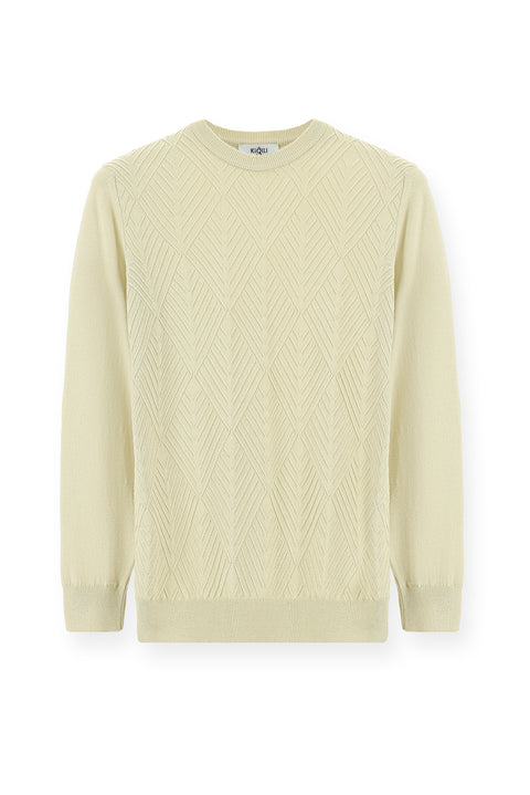 Açık Bej Bisiklet Yaka Slim Fit Desenli Pamuklu Triko Kazak