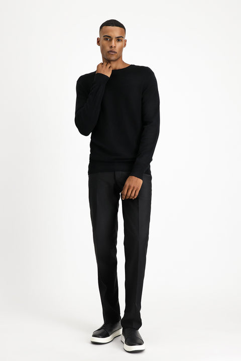 Siyah Bisiklet Yaka Regular Fit Desenli Pamuklu Triko Kazak