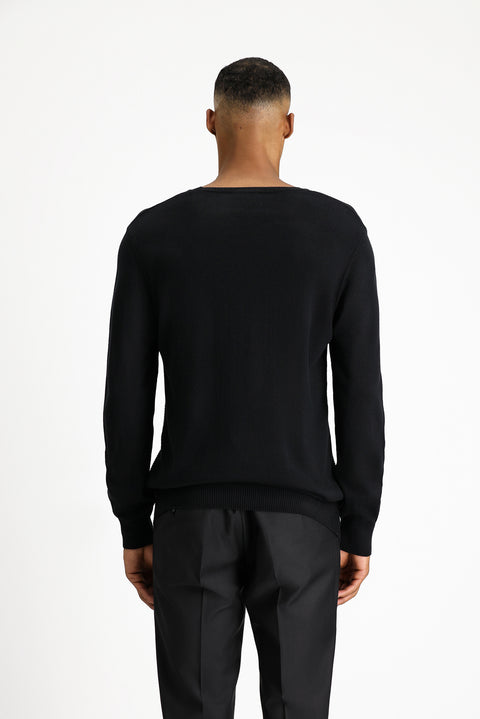 Siyah Bisiklet Yaka Regular Fit Desenli Pamuklu Triko Kazak