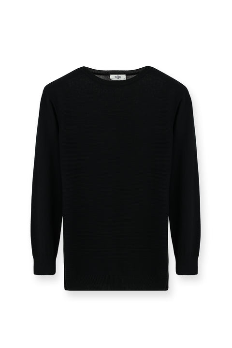 Siyah Bisiklet Yaka Regular Fit Desenli Pamuklu Triko Kazak