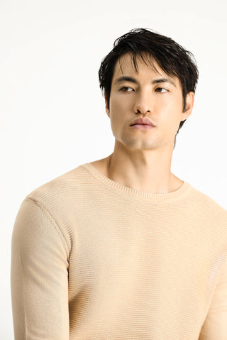  Orta Bej Bisiklet Yaka Regular Fit Desenli Pamuklu Triko Kazak-Ki??l?