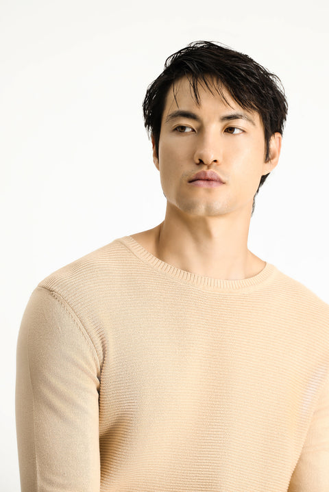 Orta Bej Bisiklet Yaka Regular Fit Desenli Pamuklu Triko Kazak