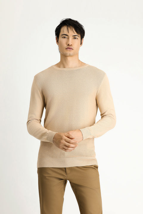 Orta Bej Bisiklet Yaka Regular Fit Desenli Pamuklu Triko Kazak