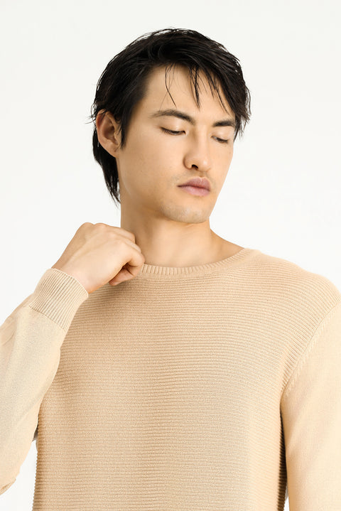 Orta Bej Bisiklet Yaka Regular Fit Desenli Pamuklu Triko Kazak