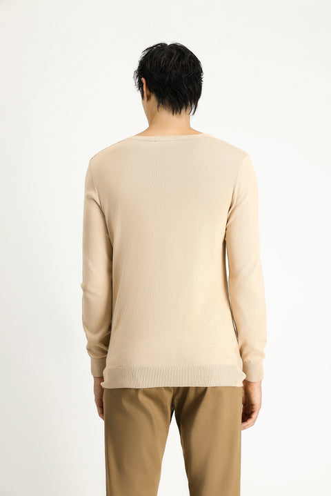 Orta Bej Bisiklet Yaka Regular Fit Desenli Pamuklu Triko Kazak