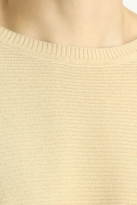 Orta Bej Bisiklet Yaka Regular Fit Desenli Pamuklu Triko Kazak