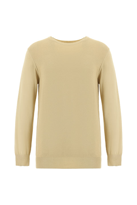 Orta Bej Bisiklet Yaka Regular Fit Desenli Pamuklu Triko Kazak