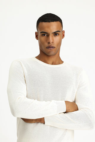  Ekru Bisiklet Yaka Regular Fit Desenli Pamuklu Triko Kazak