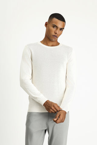  Ekru Bisiklet Yaka Regular Fit Desenli Pamuklu Triko Kazak